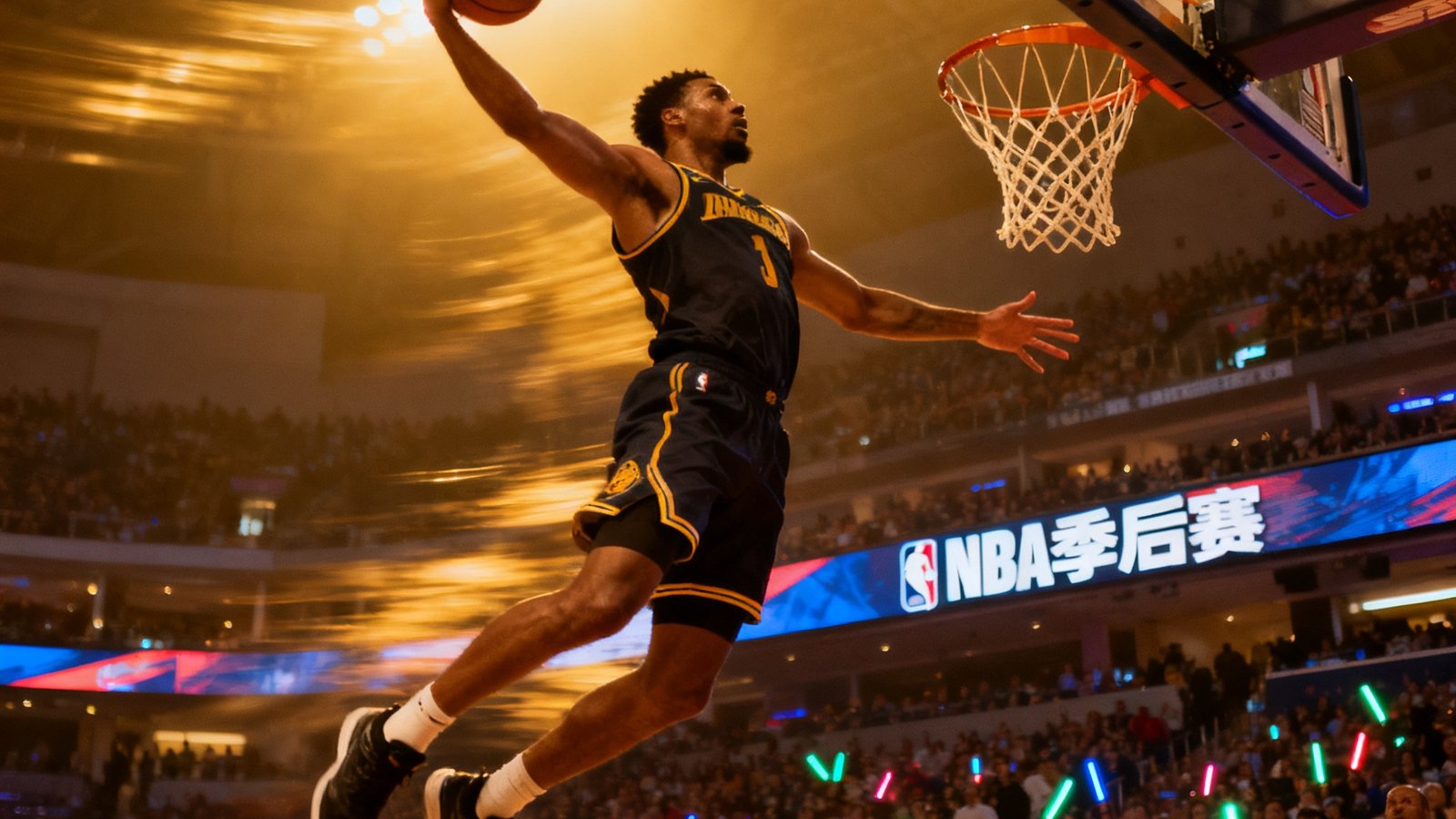 NBA季后赛直播中球员飞身扣篮的精彩瞬间，球馆内灯光璀璨观众席爆满